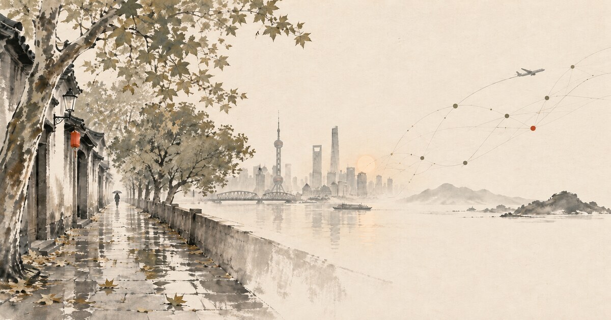 雨后树影、城市与远方网络交织的水墨风景